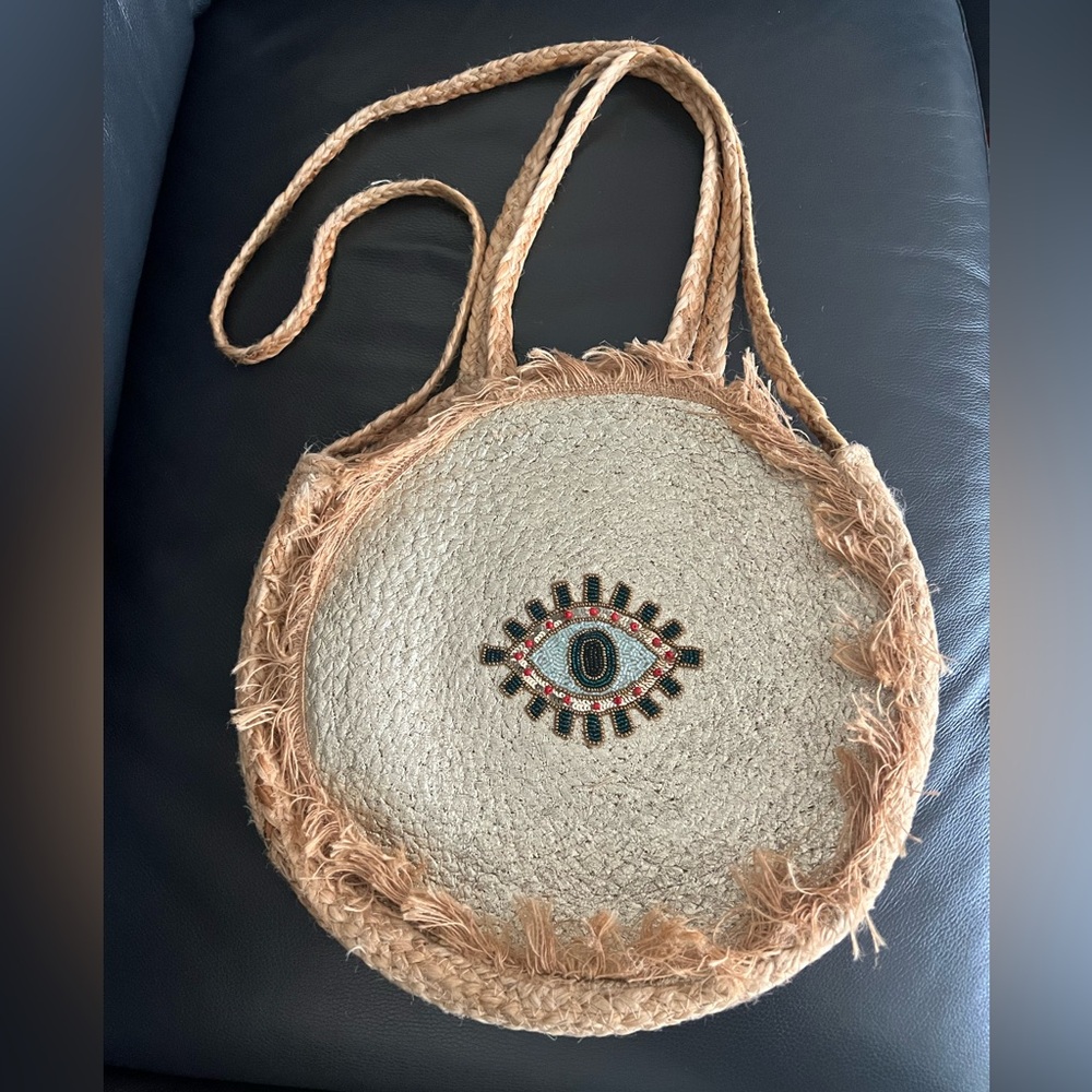 Evil Eye Embroidered Straw Beach Bag